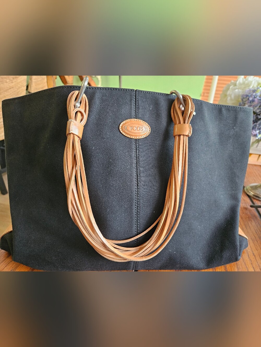 Tod’s Black Canvas and Tan Leather Tote Satchel Bag